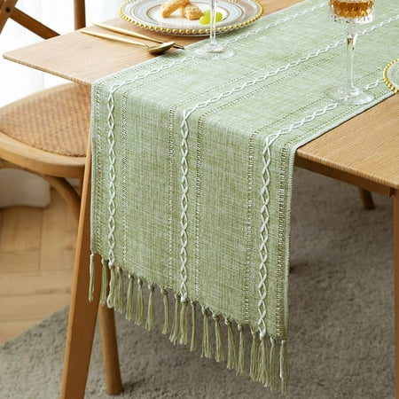 

2PC Rustic Farmhouse Style Linen Table Runner Boho Embroidery Hemstitched Table Runners 71 inches Long with Tassels for Holiday Party and Dining Room Wedding Party Dresser Decor 12 x 71 inch
