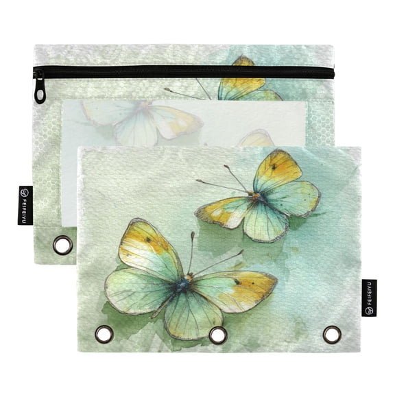 2 Pack 3 Ring Binder Pouch with Clear PVC Window Water Resistant Zipper Pencil Pouch Soft Green Wing Pairs Binder Pocket for Classroom Office Home Stationery Organization