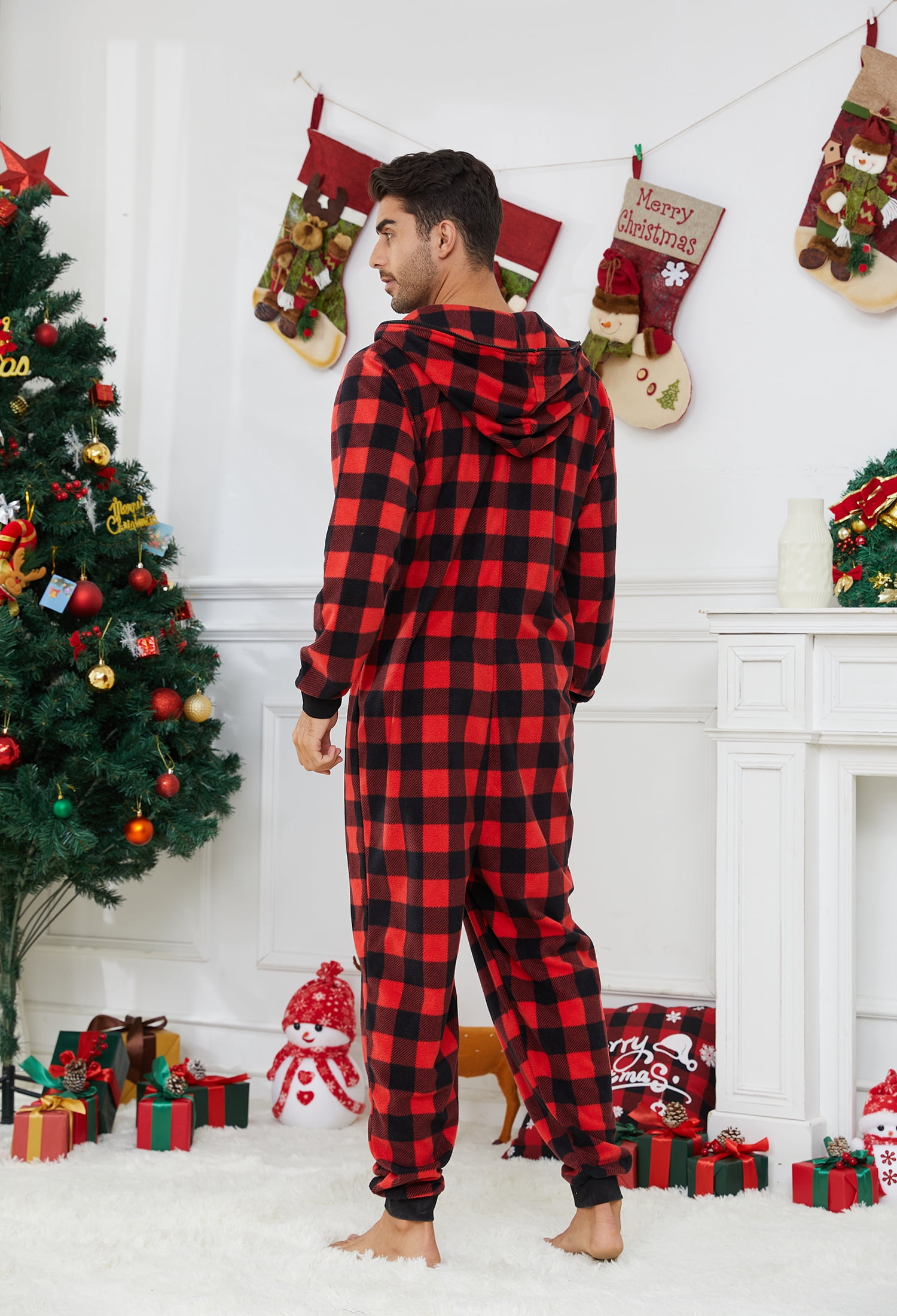 U2SKIIN Couple Onesie Pajama Sets, Hooded Zipper Christmas Matching Plaid Pjs Set for Men and Women Soft Warm Jumpsuit (Mens Buffalo Plaid-Red, XL)