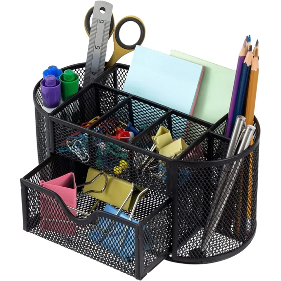 Mygift 8 Slot Black Metal Wire Mesh Office Supply Desktop Organizer With Drawer