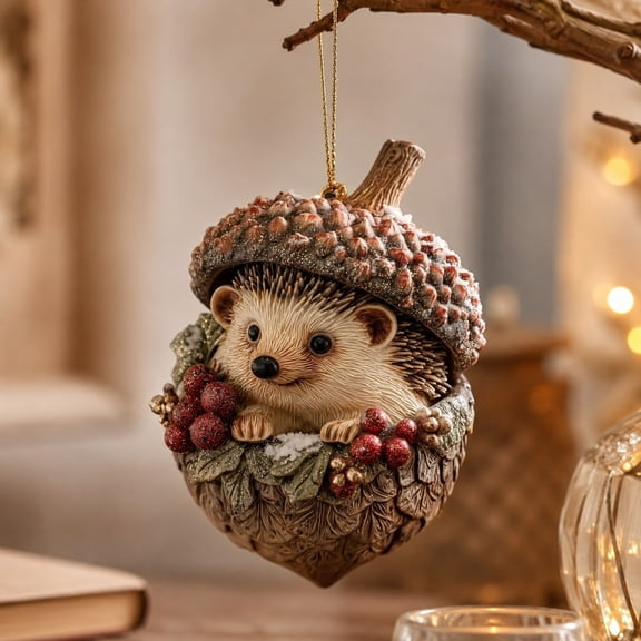 Hedgehog Christmas Ornament, Acrylic Acorn Hanging Decor with Berries and Snow, Cute Woodland Animal Charm for Christmas Tree and Bag