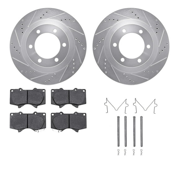 Dynamic Friction Company Front Brake Rotors-Drilled and Slotted-Silver with Ultimate Duty Performance Brake Pads includes Hardware 7412-76015
