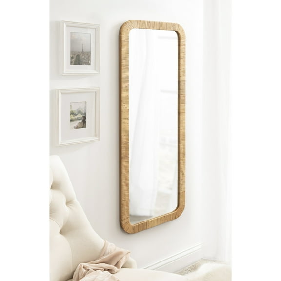 Kate and Laurel Rahfy Boho Rectangle Rattan Wall Mirror, 18 x 48, Natural Wood, Decorative Rounded Rectangular Full-Length Mirror with Authentic Rattan Frame for Bedroom Floor Mirror