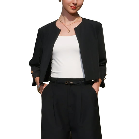 INSPIRE CHIC Women's Collarless Round Neck 3/4 Sleeve Open Front Cropped Bolero Blazer S Black