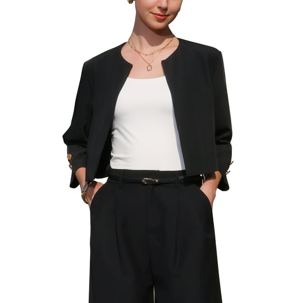 BLAZER BOLERO CORTO ABIERTO DE MANGA 3/4 SIN COLLAR PARA MUJERES INSPIRAR CHIC XL NEGRO