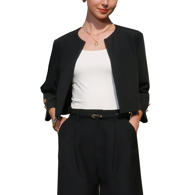INSPIRAR ELEGANTE Blazer Corto Abierto Sin Cuello de Manga 3/4 para Mujeres en Color Negro