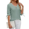 thumbnail image 4 of SLADYGLO Women V Neck Buttons Decorative Drawstring 3/4 Sleeve Cutout Top, 4 of 7