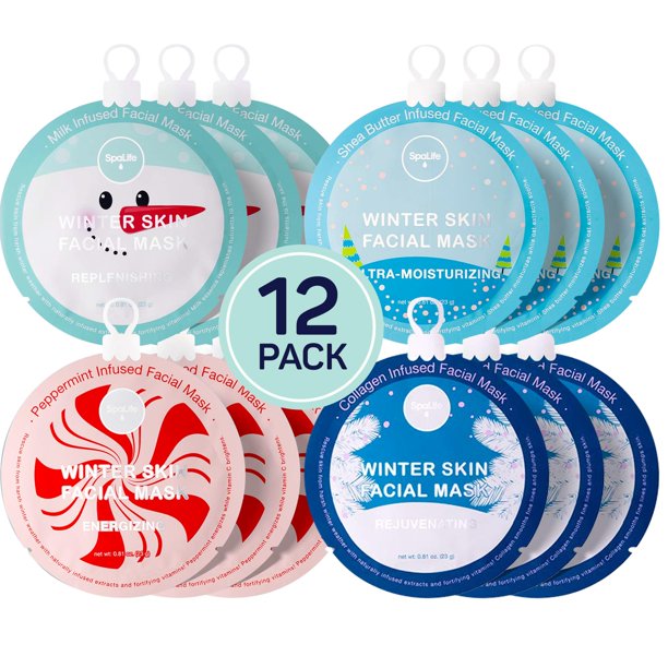 SpaLife Winter Skin Mascarilla facial Set de 12 unidades - Impregnado con 4 ingredientes amantes de la piel - Mascarillas hidratantes e hidratantes - Tratamiento de spa rejuvenecedor para una tez bril