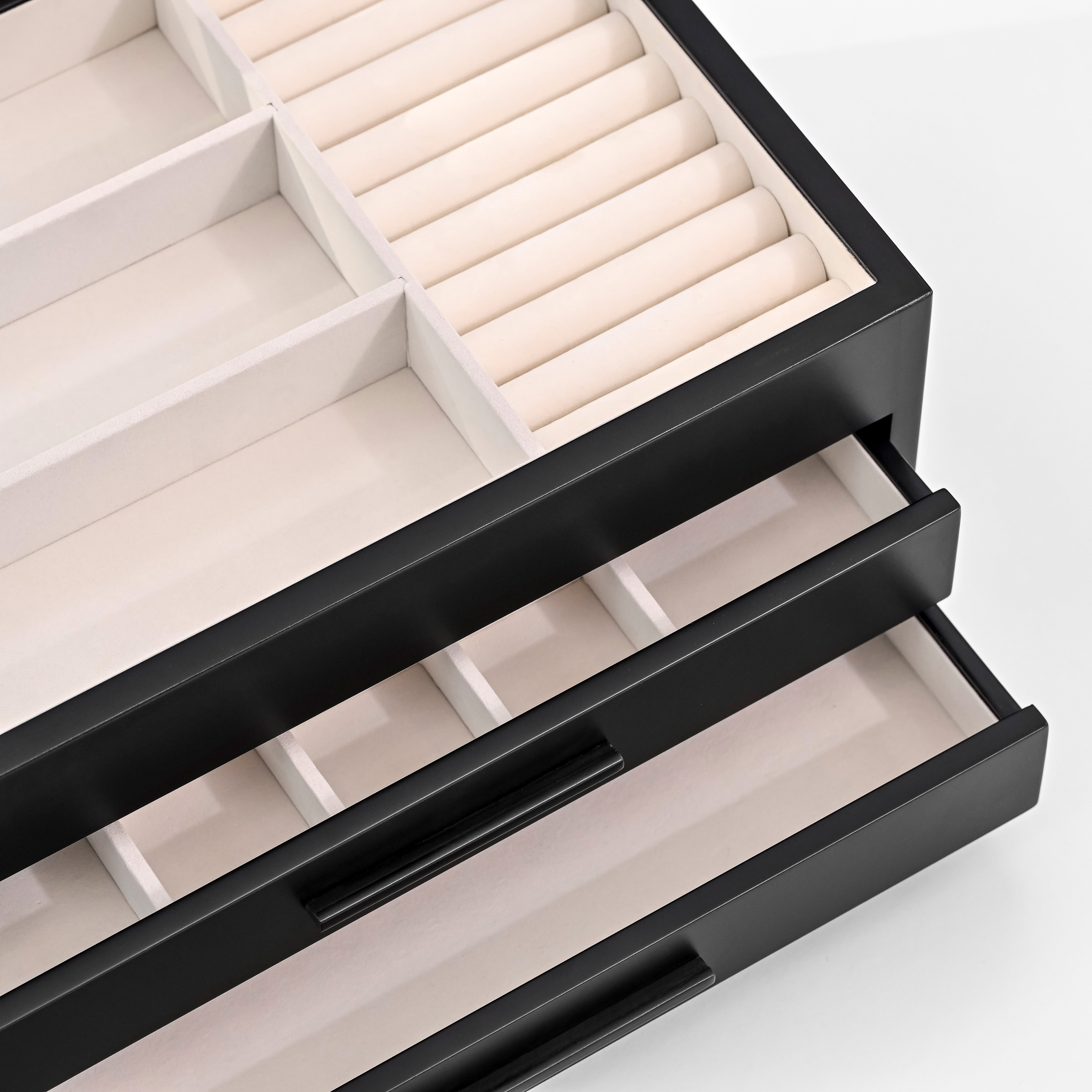 Modern Elegant Jewelry Box with 2 Drawers, Large Storage Compartments, Transparent Glass Lid, and Soft Linen for Rings, Necklaces and Earrings