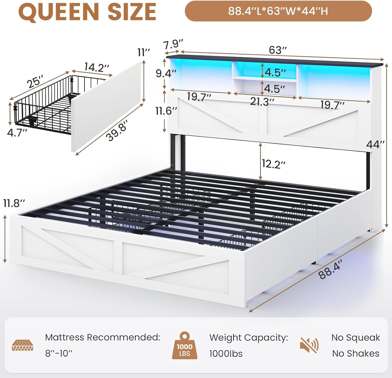 Queen Size Farmhouse Bed Frame with Bookcase & Storage Drawers LED Wooden Platform Storage Bed, No Box Spring Needed, White