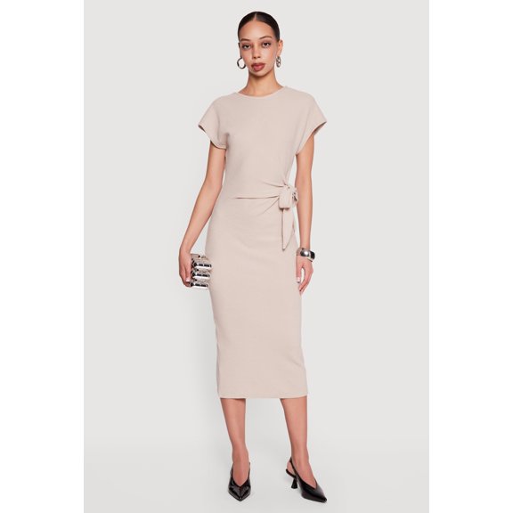 Women's Textured Knit Asymmetrical Bow Side Midi Dress