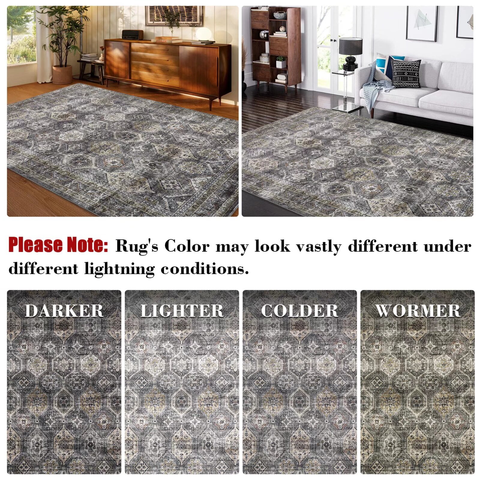 Hasoo Indoor Washable Area Rug 9' x 12' Floral Rugs for Living Room Geometric Throw Floor Mats Non-Slip Accent Carpet Grey/Brown