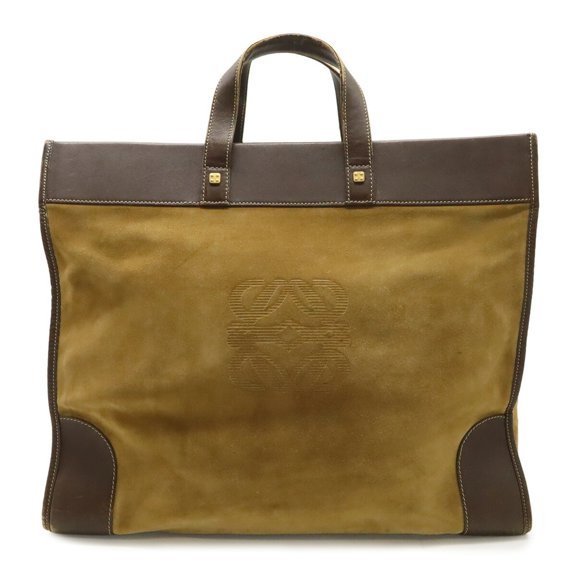 Pre-Owned LOEWE Anagram Tote Bag, Large Tote, Suede Leather, Bi-color, Khaki Beige & Dark Brown