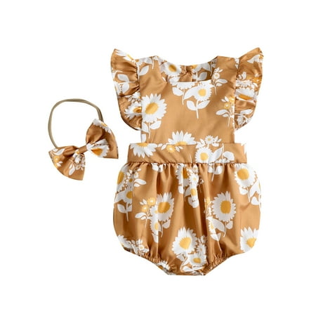 

Frobukio 2Pcs Newborn Baby Girls Romper Outfits Flower Printed Fly Sleeve Elastic Playsuit + Bow-Knot Headband Set Ginger 12-18 Months