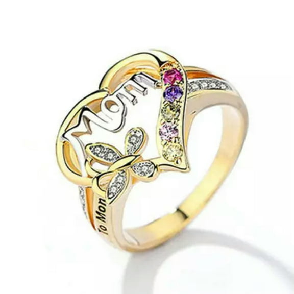 HOOUN "Mom" Gold Plated Heart Birthstone Rings for Mother Gift Birthday Size 6-10-10-1# Gold