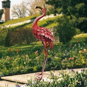 34 Inch Flamingo Garden Decor, Metal Bird Statue Yard Decor, Large Flamingo Outdoor Statues for Patio, Lawn, Backyard, Porch, Garden Sculpture & Statue, Red
