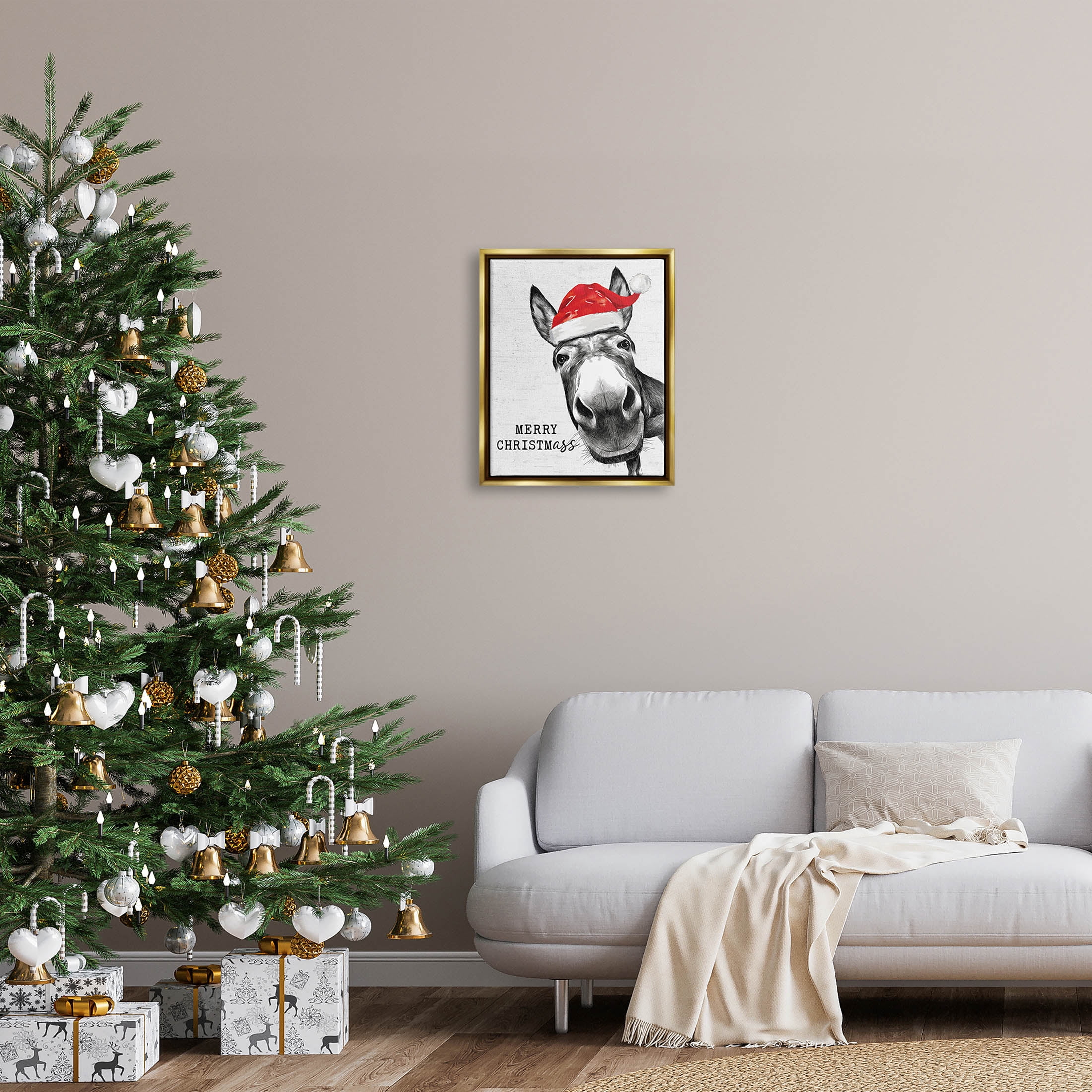Stupell Industries Merry Christmass Funny Donkey Graphic Art Metallic Gold Floating Framed Canvas Print Wall Art, Design by Lettered and Lined
