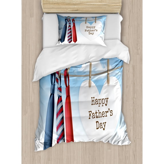 Father's Day Duvet Cover Set Twin Size, Ties and a Heart Hanging on a Rope, Decorative 2 Piece Bedding Set with 1 Pillow Sham, Slate Blue Dark Coral Sky Blue and Dark Sand Brown, by Ambesonne