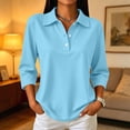 thumbnail image 5 of Womens Polo Shirts 3/4 Sleeve Solid Color Button Lapel Collar Business Casual Golf Tops Sky Blue XL, 5 of 9
