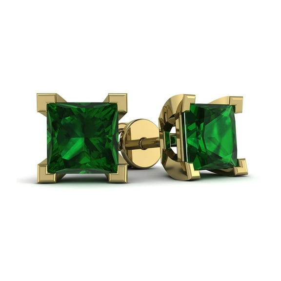 PJ Jewelry Princess Cut Green Emerald Stud Earrings, 1 ct, 10k Yellow Gold-Plated