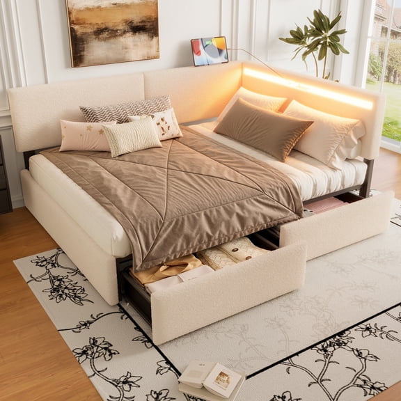 Leumius Full Size Boucle Daybed Frame, Upholstered Cloud Bed Frame with Headboard, 2 Storage Drawers, LED light and USB Charging Design, Solid Wood Legs and Slats for Bedroom Guest Room Beige