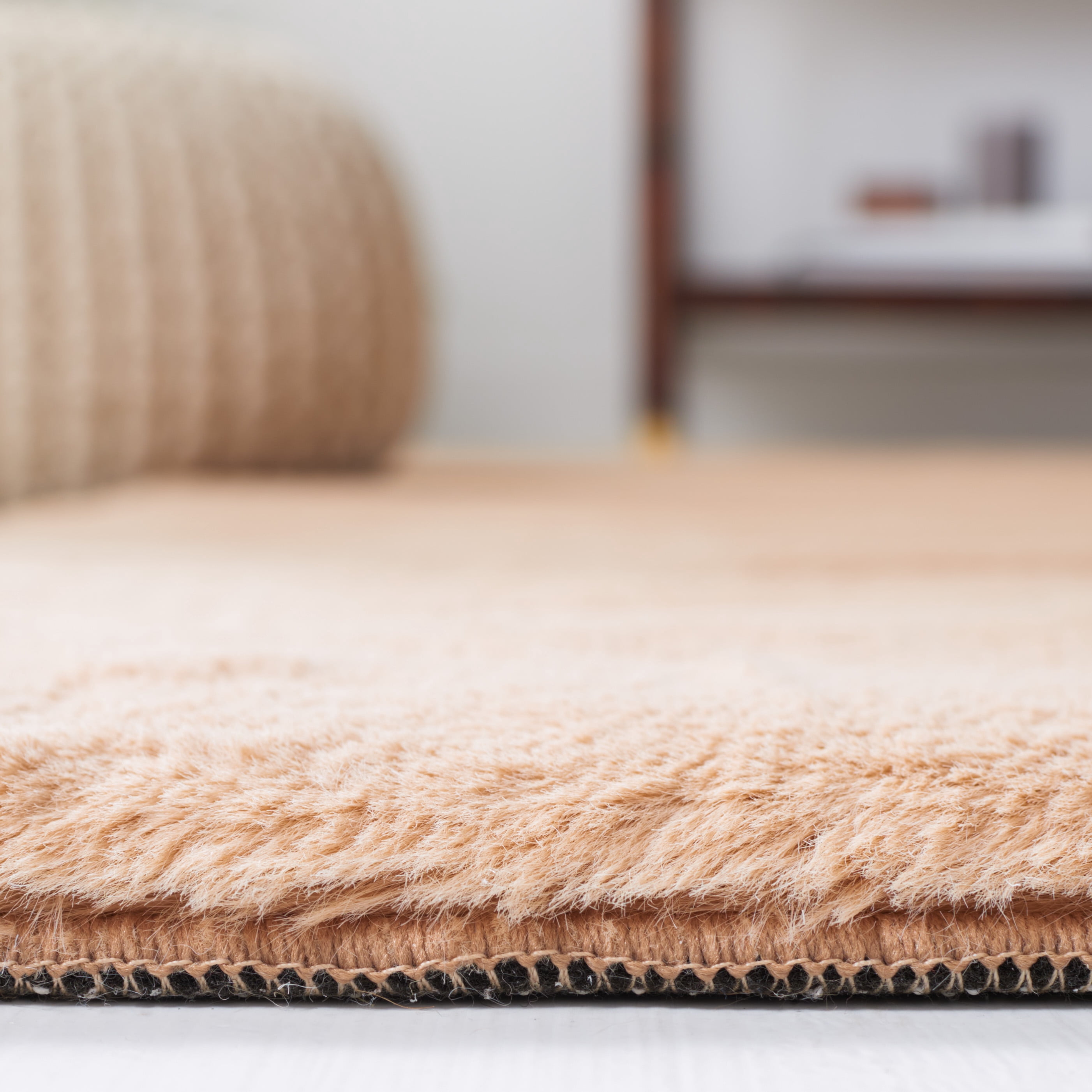Safavieh Faux Rabbit Fur David Solid Machine Washable Slip Resistant Area Rug, Beige, 6' x 6' Square