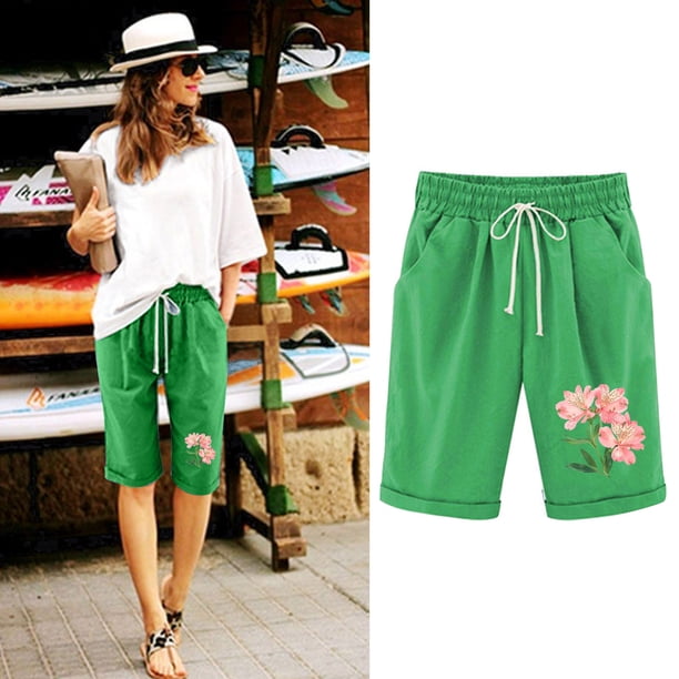 Puntoco Pantalones cortos de algodón para mujer Pantalones cortos con cordón y estampado de cintura elástica para mujer