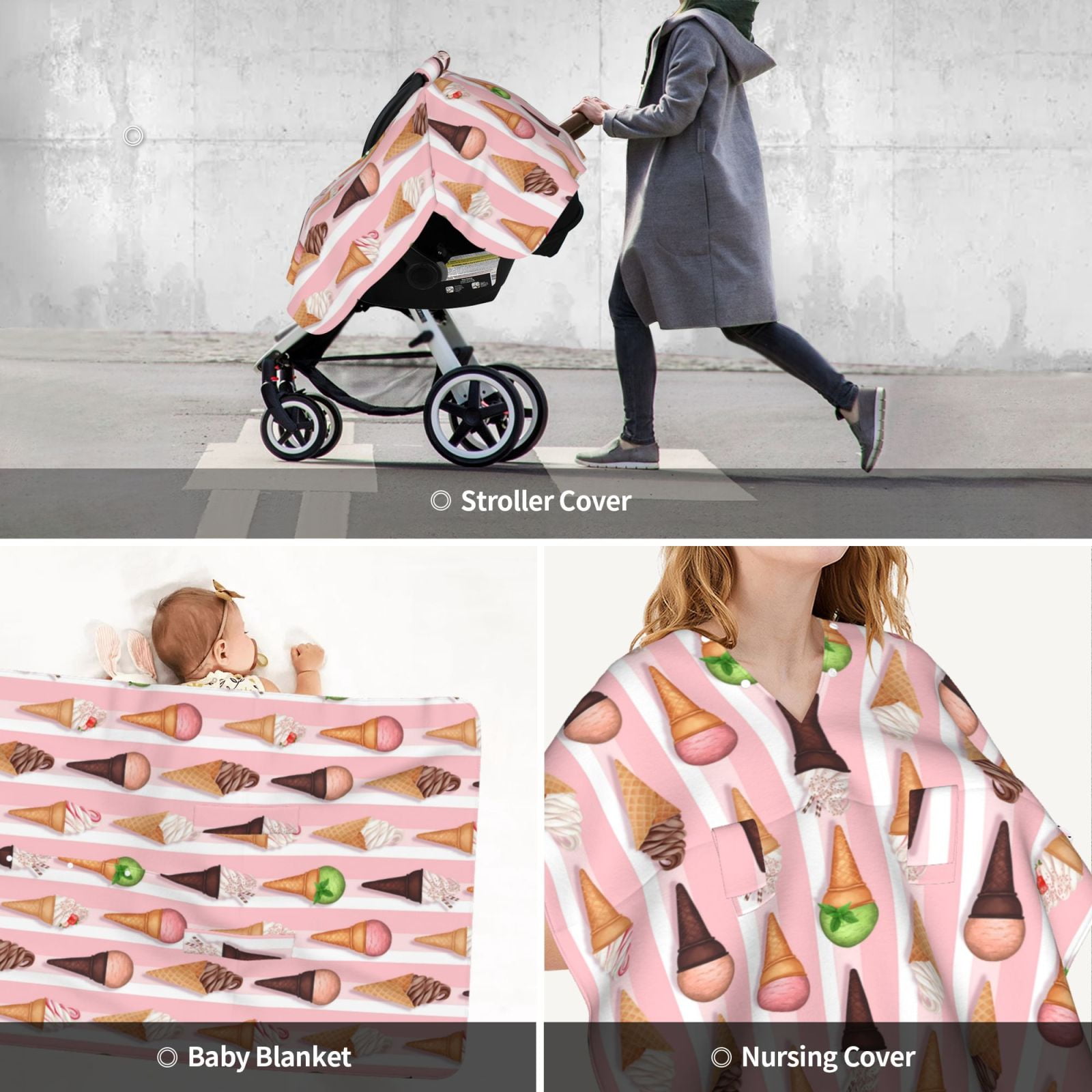 Car Seat Cover Baby - Summer Ice Cream Pink Breathable Infant Car Seat Cover for Baby Carseat, Lightweight Comfort Baby Essentials Must Haves Newborn Stuff for Girl Boy