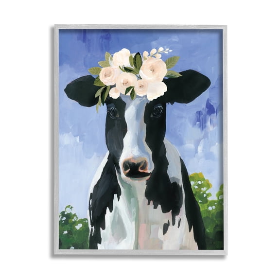 Stupell Industries Country Cow Cattle Flower Crown Roses Botanical Fam Framed Wall Art, 11 x 14, Design by Caverly Smith