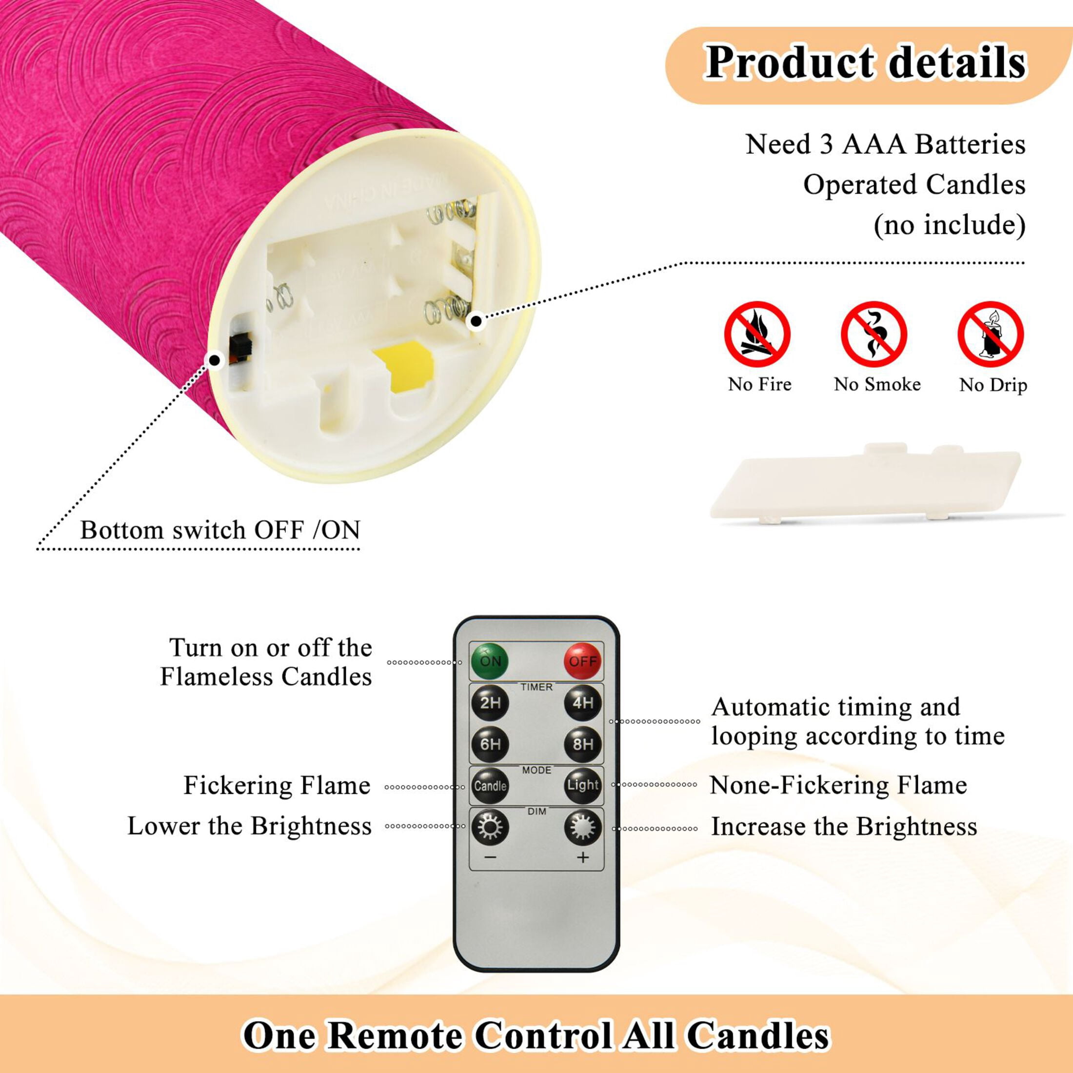 Hot Pink Background with Waves Flickering Flameless Candles with Remote Timer Battery Operated LED Tealight Set of 2 M
