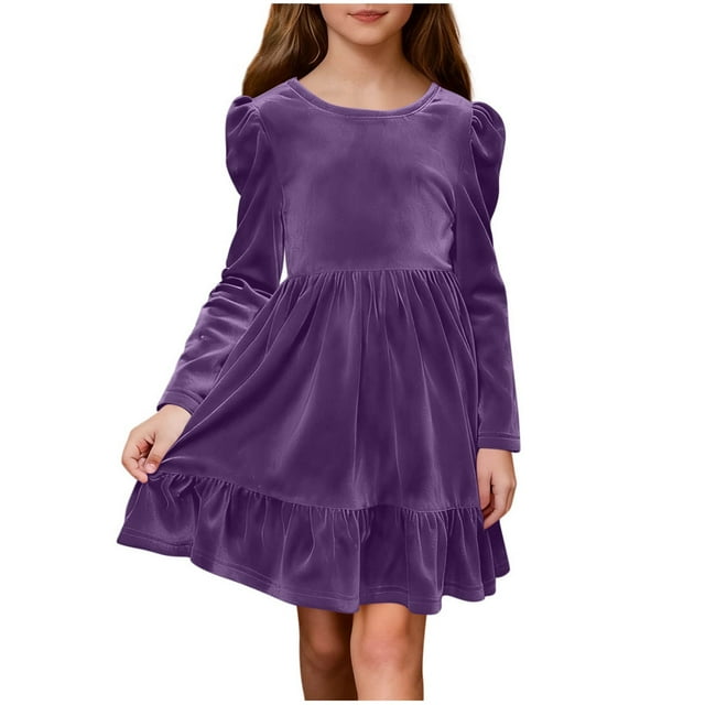 LIJCC Girls Velvet Dress Long Sleeve Crew Neck Tie Back Holiday Party Dresses Ruffle Hem Flowy Formal A Line Party Dresses Princess Fall Winter Outfits