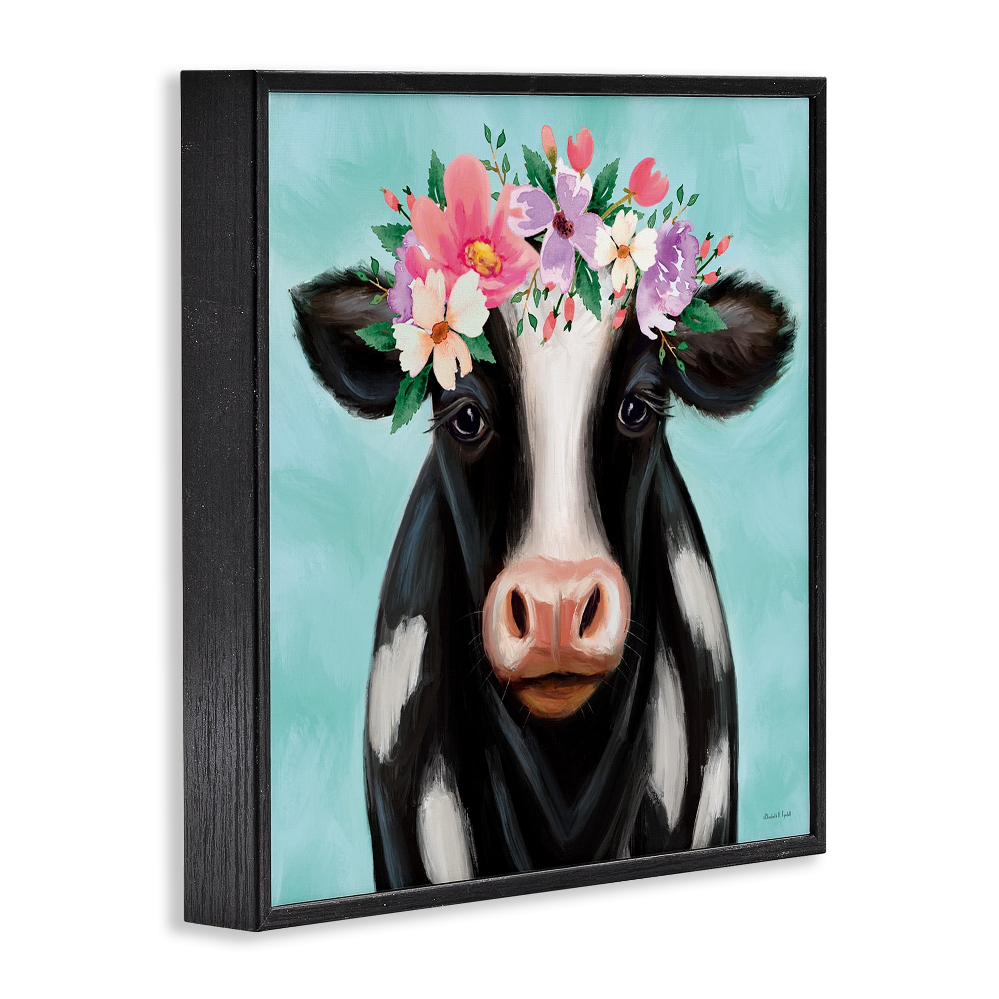 Stupell Industries Cow with Pastel Flowers Animals & Insects Painting Black Framed Art Print Wall Art, 12 x 12