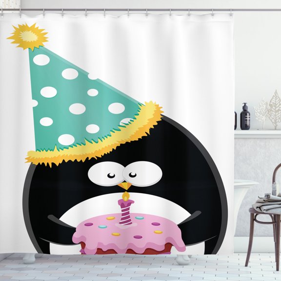 Ambesonne Penguin Shower Curtain, Party Hat Cake, 69"Wx84"L, Multicolor