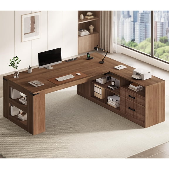 71" L-Shaped Executive Desk with Power Outlets & Drawers, Modern Corner Computer Desk with File Cabinet and Storage Shelves for Home Office, Walnut