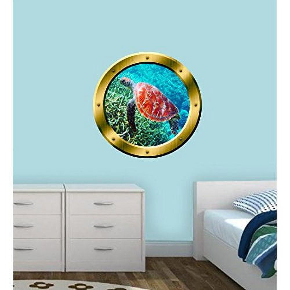 VWAQ Sea Turtle Porthole Wall Decal 3D Porthole Sticker Sea Life Wall Mural - GP31 (20" Diameter)