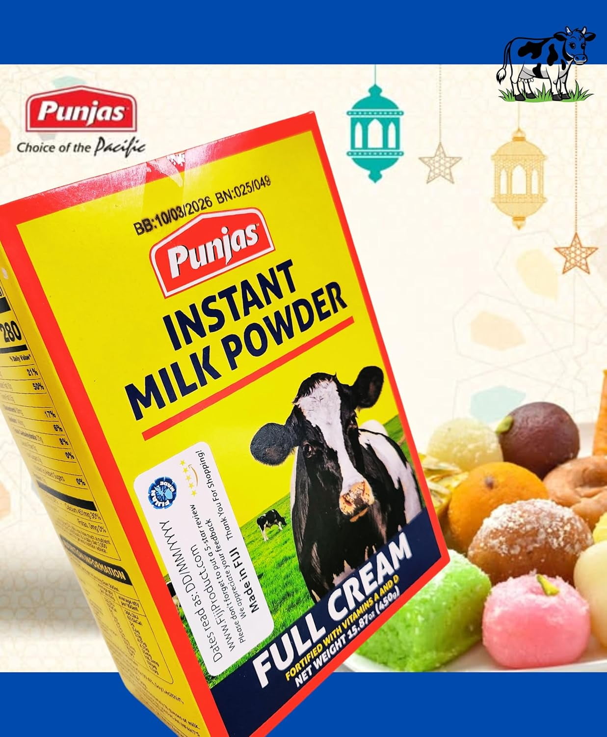 Premium Whole Full Cream Instant Dry Milk Powder - Baking, Indian Sweets, Cooking, Drinks - Pasteurized, Non-GMO, Gluten-Free (Pack of 2 x 450g Box) Imported from FIJI 𝗡𝗮𝘁𝘂𝗿𝗮𝗹 𝗚𝗼𝗼𝗱𝗻𝗲𝘀𝘀