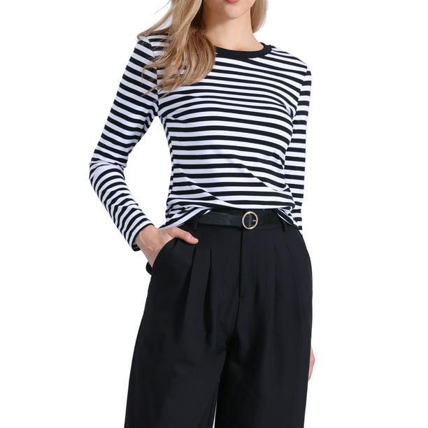 Camiseta de manga larga de rayas para mujer INSPIRE CHIC, cuello redondo, ajuste ceñido, algodón, color negro y blanco