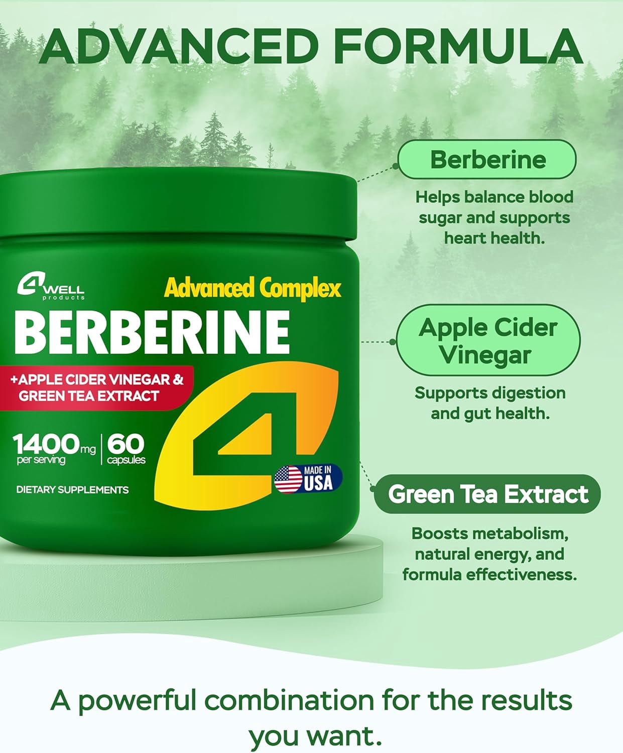 4Well Berberine Supplement - Triple Strength GLP-1 Activator with Apple Cider Vinegar & Green Tea Extract - Body Composition Support, Digestive Health, Support Heart Health