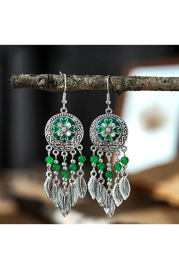Trendy Vintage Ethnic Bead Leaf Dangle Earrings Handmade Earring