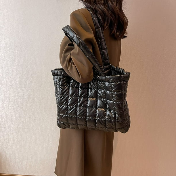 Fashion Shoulder Bag Cotton Padded Quilted Handbags Women Shopping Tote Black