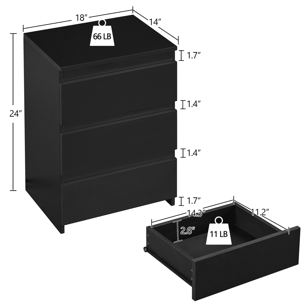 Renwick Vertical Nightstand with 3 Drawers for Bedroom, Adults, Black