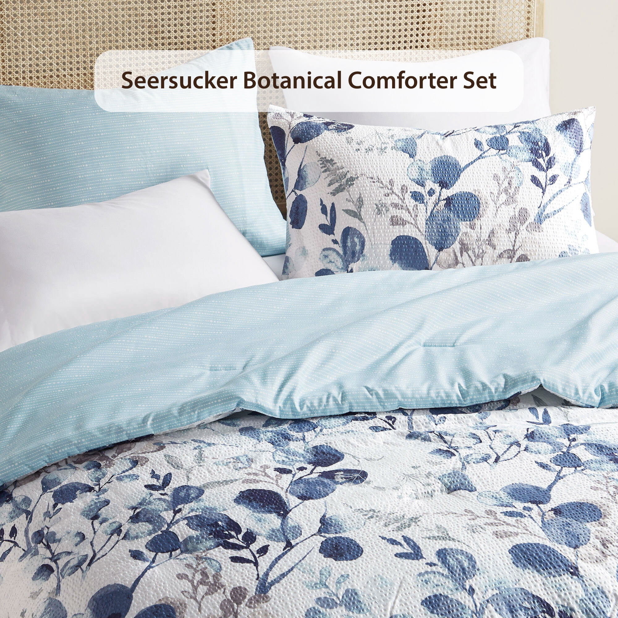 Regency Heights King/Cal King Reversible Seersucker Floral Bedding Comforter Sets 3 Piece Lightweight Navy/Blue Botanical Flowers Bedding Sets with Pillow Shams
