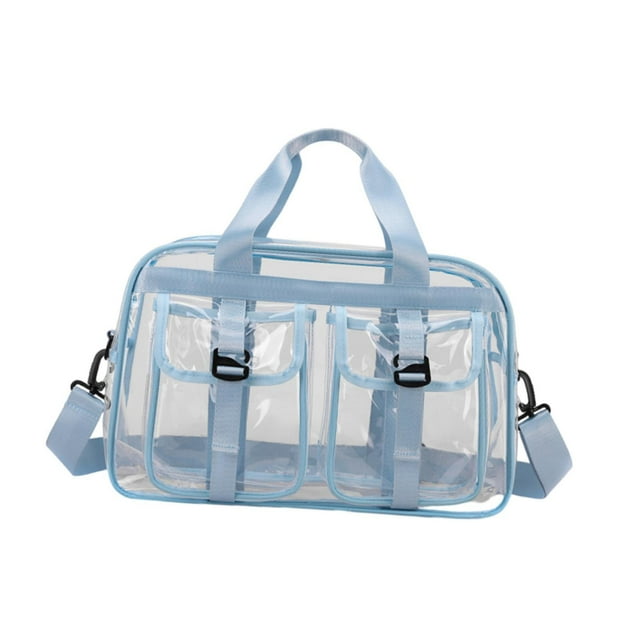 Bolso tote transparente de PVC con correa ajustable para el hombro, ideal para deportes y viajes de negocios. Azul