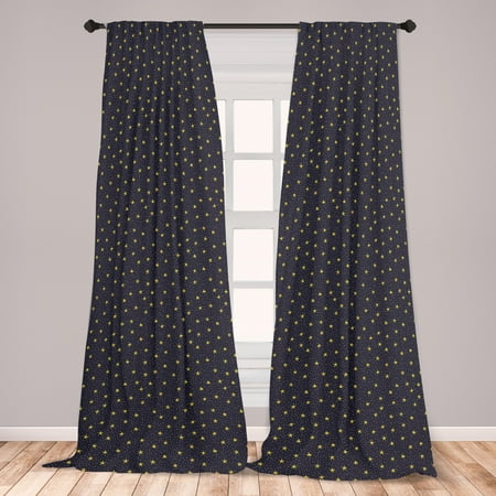 Night Sky Curtains 2 Panels Set, Hand Drawn Style Yellow Stars and White Dots Celestial Midnight, Window Drapes for Living Room Bedroom, Yellow White, by Ambesonne