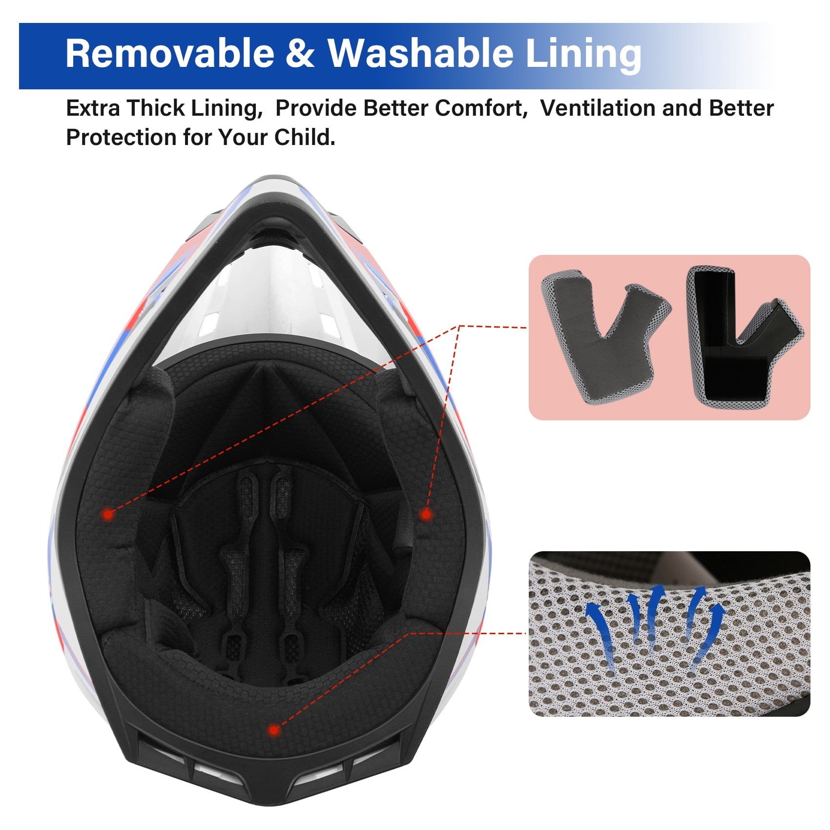 TCMT DOT Dirt Bike Helmet for Kids with Goggles & Gloves, for Motocross Offroad Street Motorcycle, Youth S Size, Blue Red Stripe