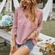 thumbnail image 5 of Top informal para mujer, cuello en V, manga de empalme de encaje de tres cuartos, camisa transpirable de Color puro para mujer, 5 of 8