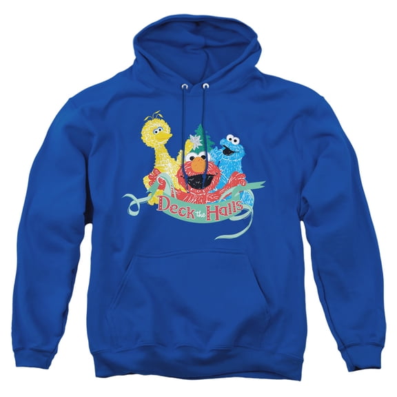 Sesame Street Christmas Deck The Halls Elmo, Cookie Monster Adult Pull-Over Hoodie, Royal, Large