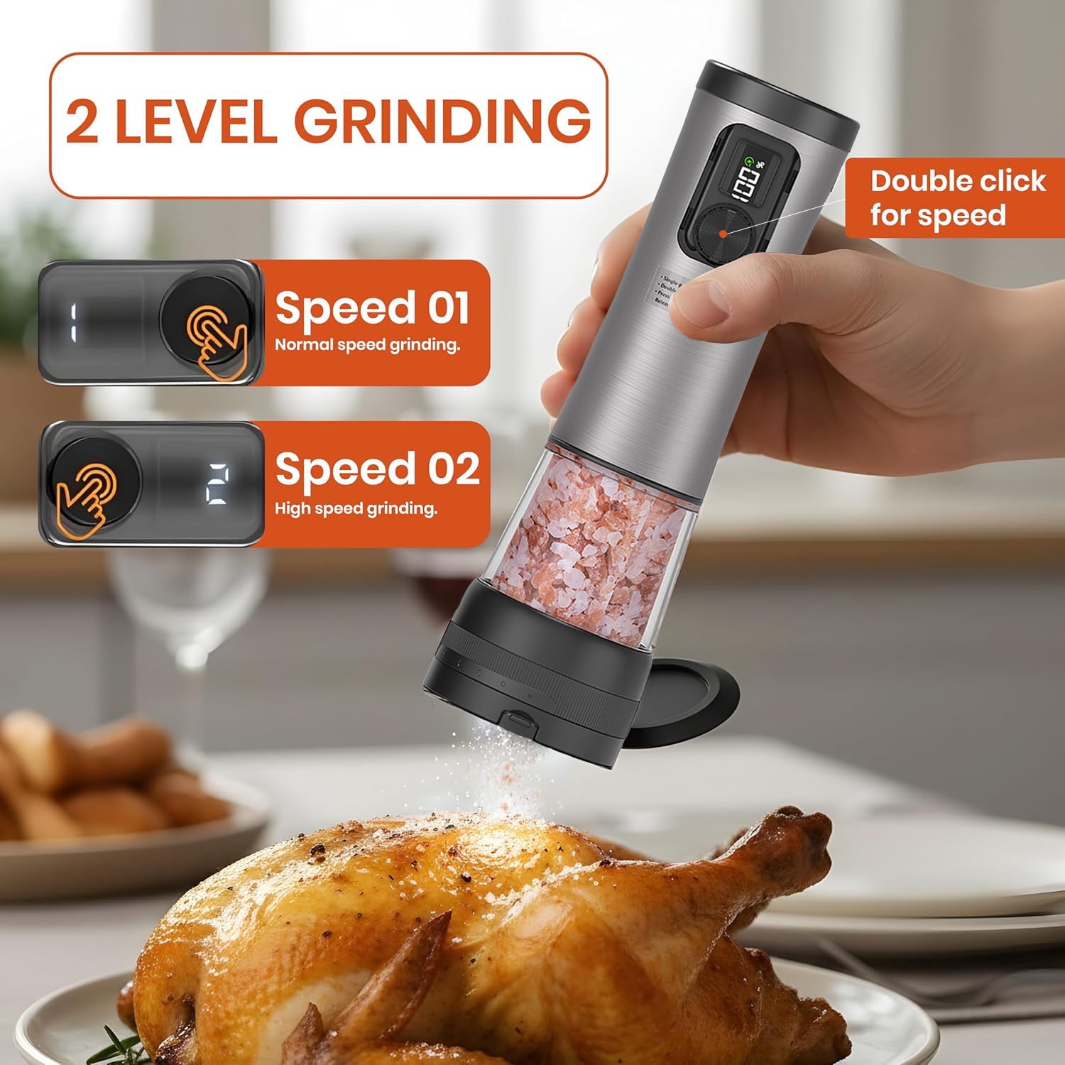 Electric Salt and Pepper Grinder Set - Ceramic Grinder, Automatic Mills, Rechargeable Base with Battery Indicator, Stainless Steel Shakers, 5-Level Coarseness Adjustment for Modern Kitchen