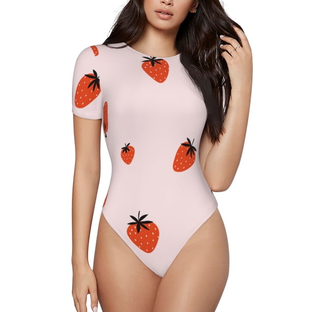 Balery Strawberry Body de cuello redondo de manga corta para mujer Tops de manga corta Tops básicos-Large