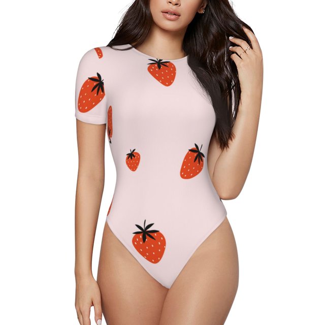 Fotbe Strawberry Body de Mujer con Cuello Redondo y Mangas Cortas, Sin Mangas Ajustado, Suave, Cómodo y Básico-Large